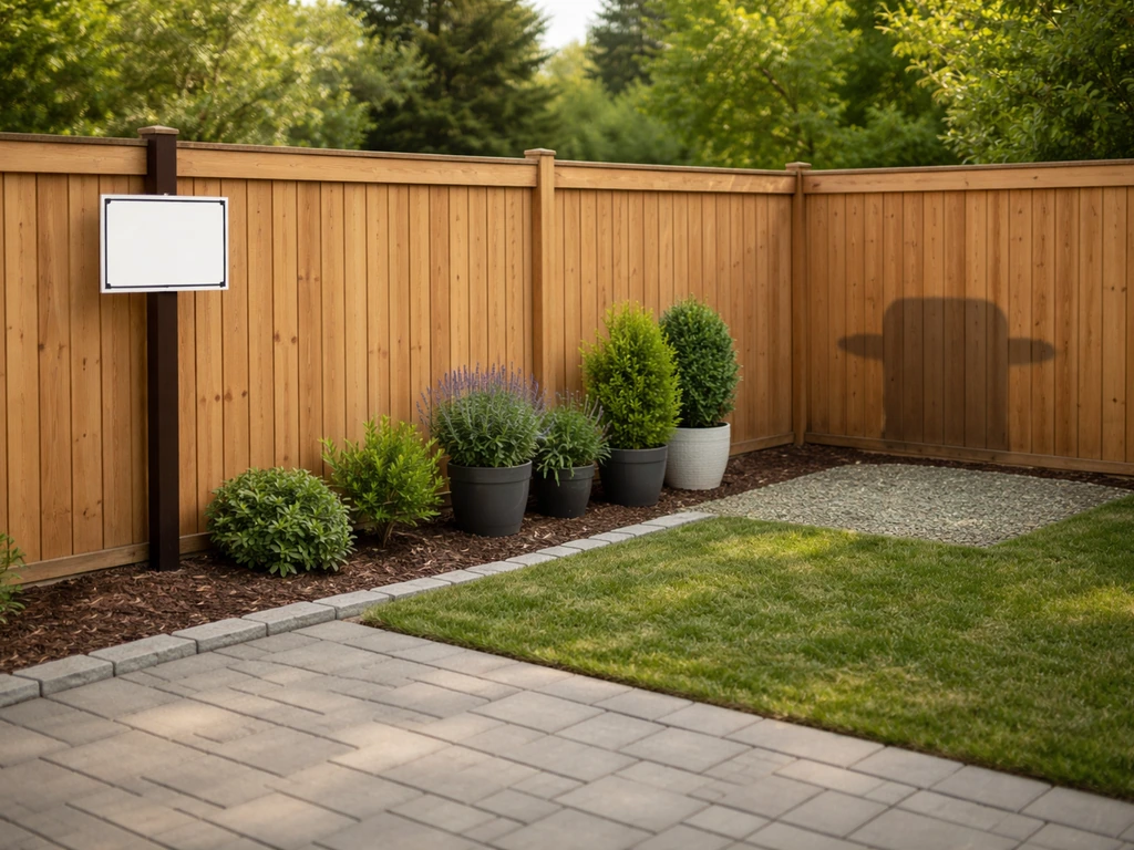 Simple patio-home exterior with a fence line and clear boundary zone showing HOA-style restriction area.