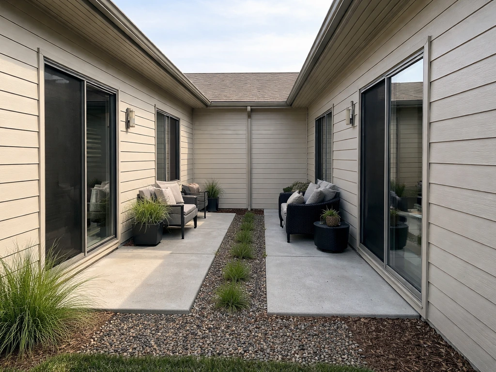 Two closely spaced patio homes with a shared wall and small buffer, showing nearby windows and patio doors.