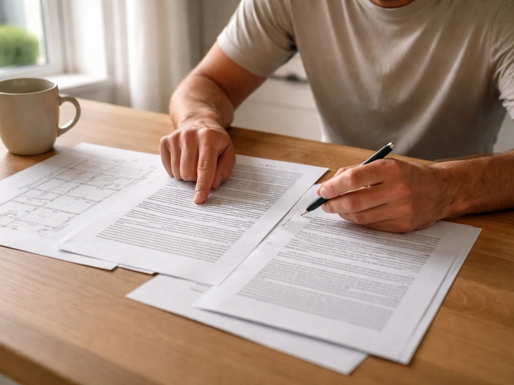 Homeowner reviewing HOA CC&Rs and bylaws while noting alongside a simple patio home floorplan.