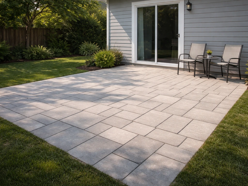 Flat paved backyard patio attached to a house, viewed from ground level with natural light.
