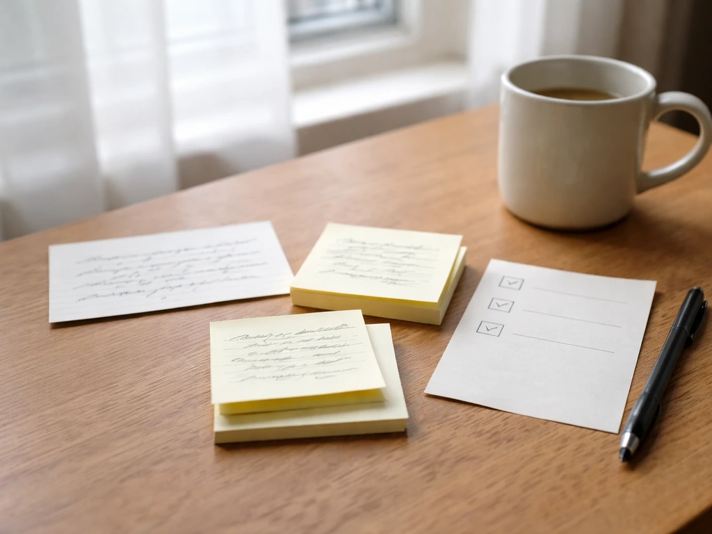 Tabletop with cue card, sticky notes, and a simple tick-box checklist for pronunciation practice.