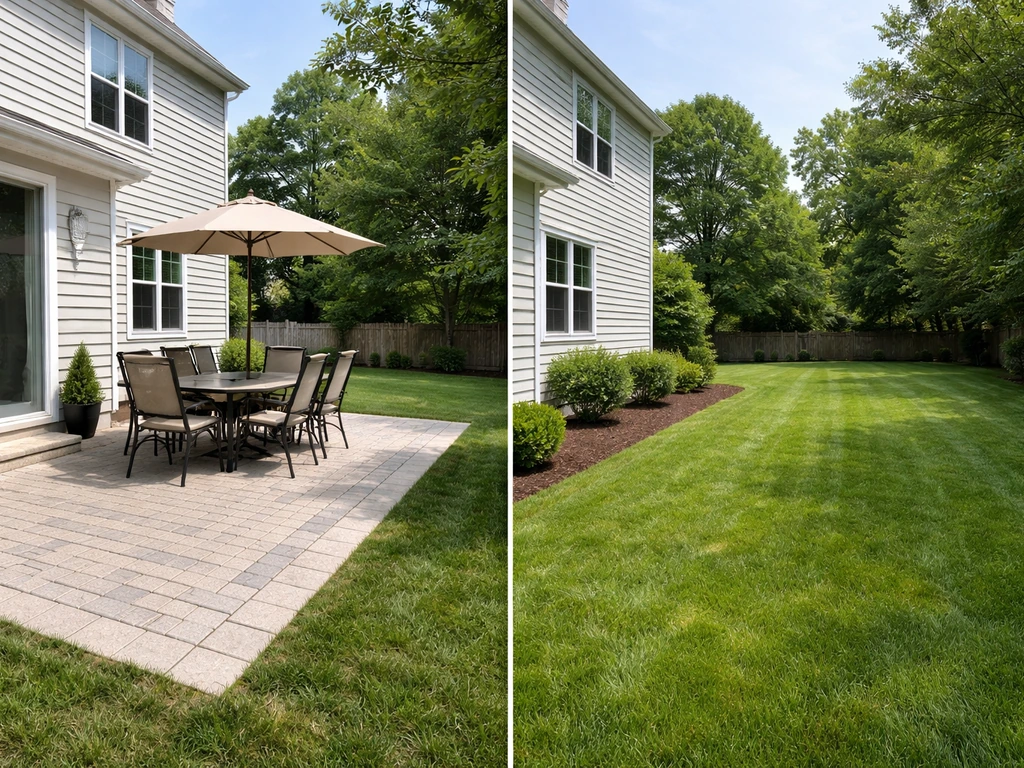 Side-by-side view: paved house-adjacent patio on the left and grassy backyard behind the home on the right.