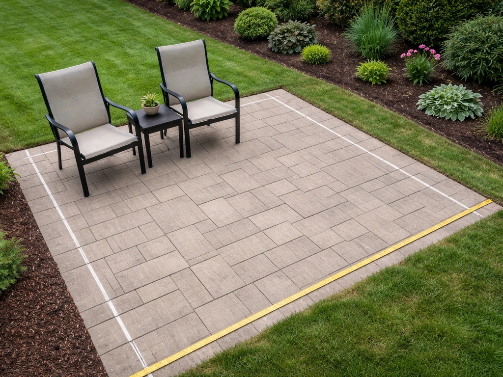 Small rectangular patio with measuring tape cues beside lawn and garden beds, showing seating footprint and layout contr