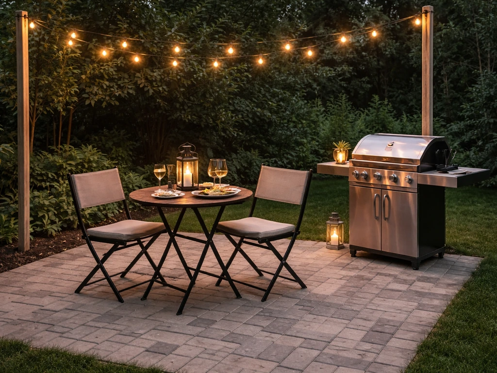 Outdoor patio with a small dining table, grill, and string lights overhead in soft evening light