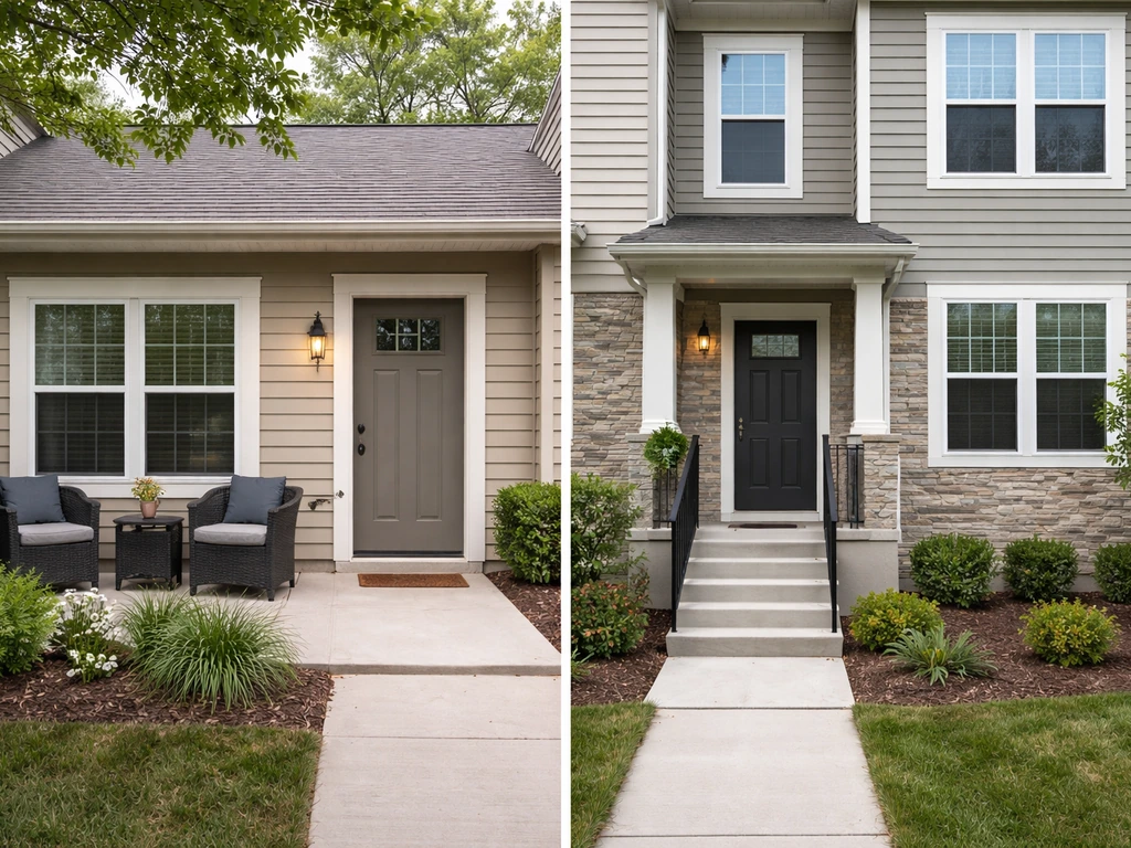 Split scene: single-level attached patio home with private patio vs multi-story townhouse with shared-wall entry