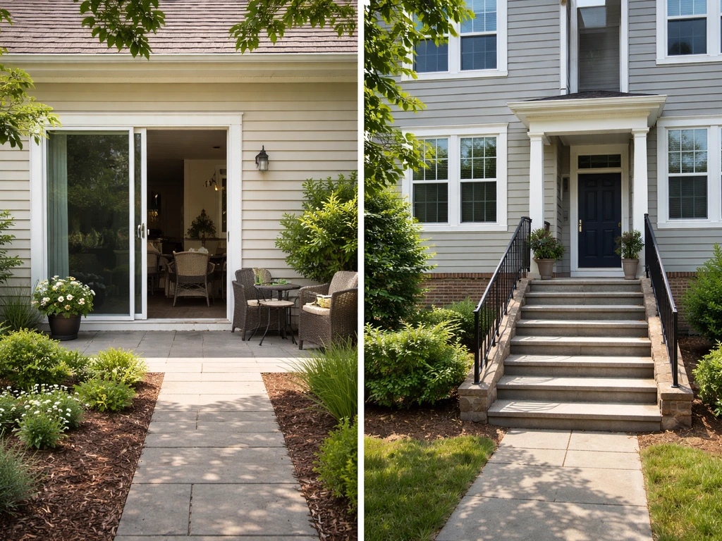 Split view: single-story patio home with ground-level patio vs multi-story townhouse with stairs.