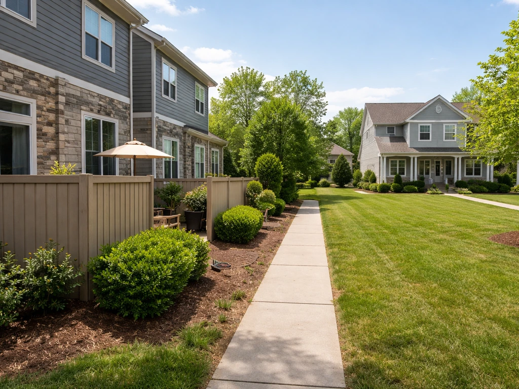 Side-by-side view of attached patio homes with private patio fencing and a detached home with an open yard.