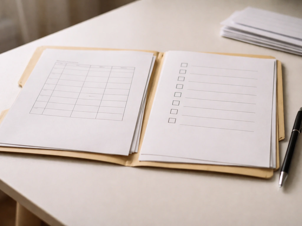 Close-up of HOA bylaws and meeting minutes folder with a dues checklist, symbolizing due diligence.