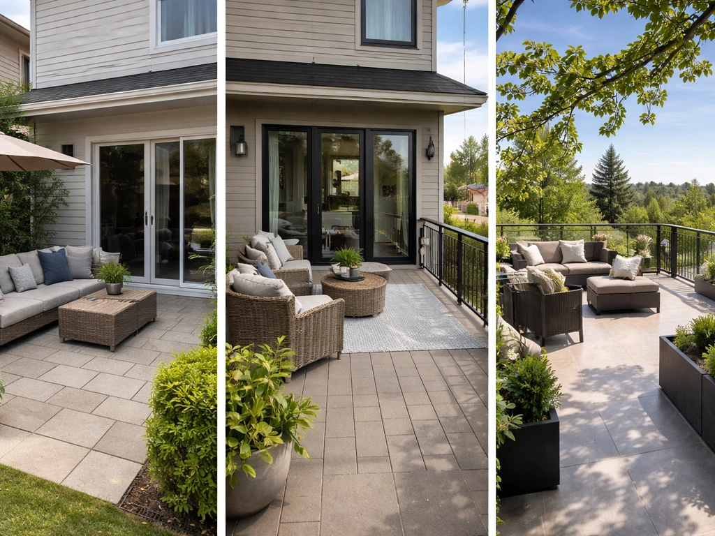 Split-screen photo comparing a ground patio, an upper balcony, and an elevated terrace attached to a home.
