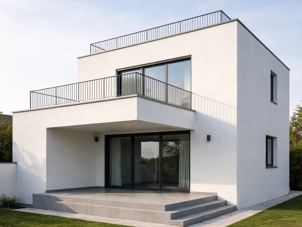 Minimal exterior showing a ground patio, upper balcony, and elevated terrace on different building levels.