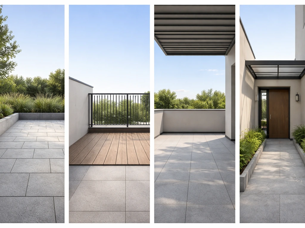Four minimal panels showing patio, balcony, terrace, and a feature area with access, railings, roofing, and boundaries c
