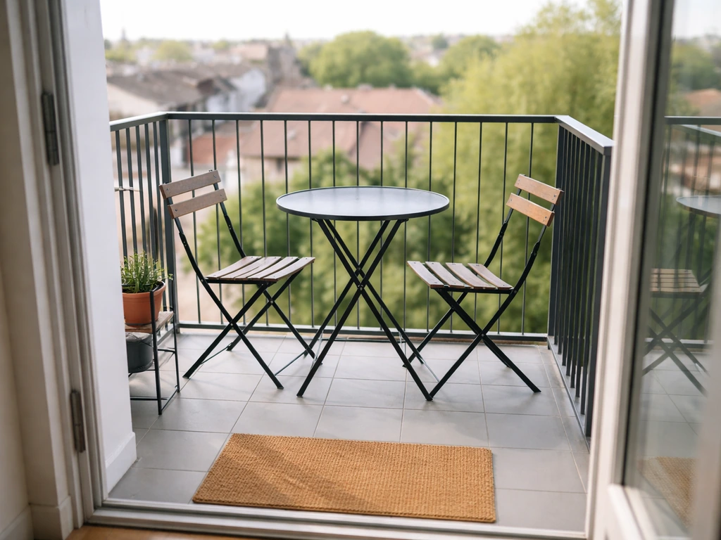 Small balcony with a bistro table and two chairs, overlooking rooftops and a street below.
