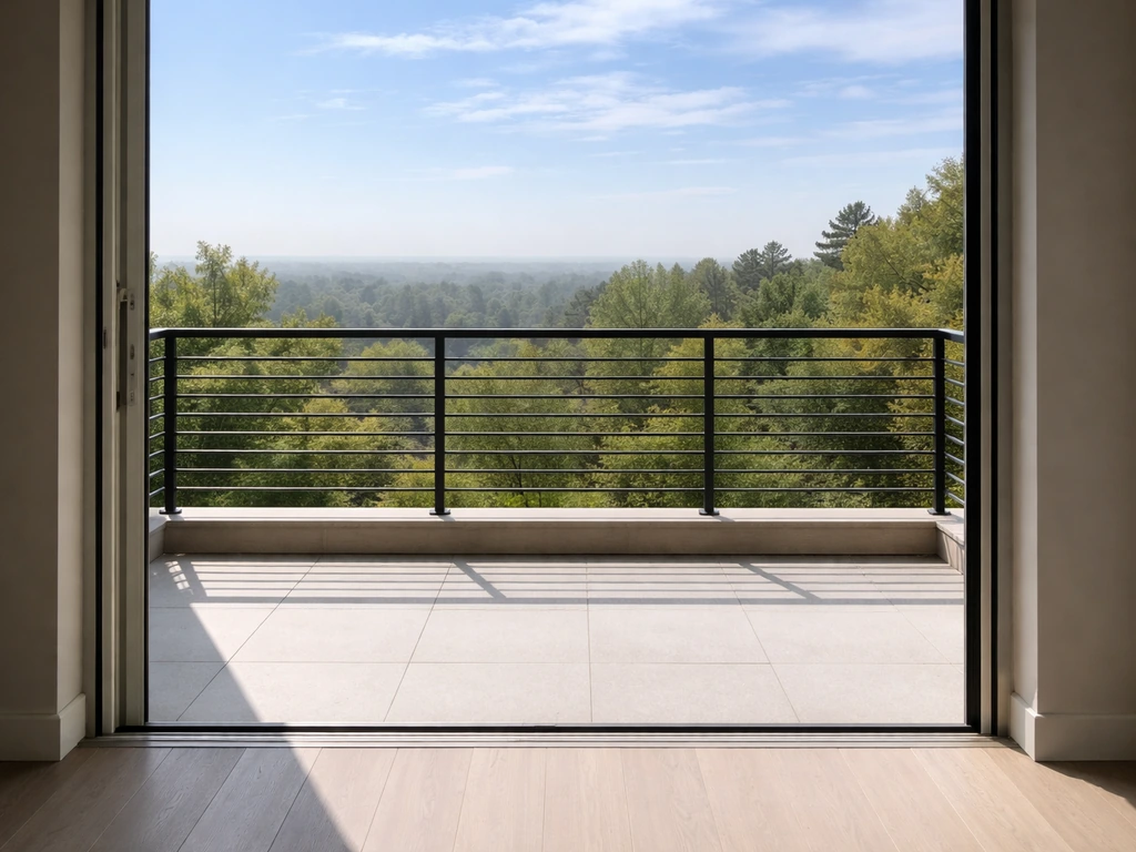 Looking down from inside a home toward an outdoor balcony with a railing and edge drop.
