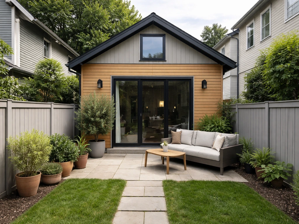 Compact modern patio home with a private fenced backyard patio as the main outdoor living space.
