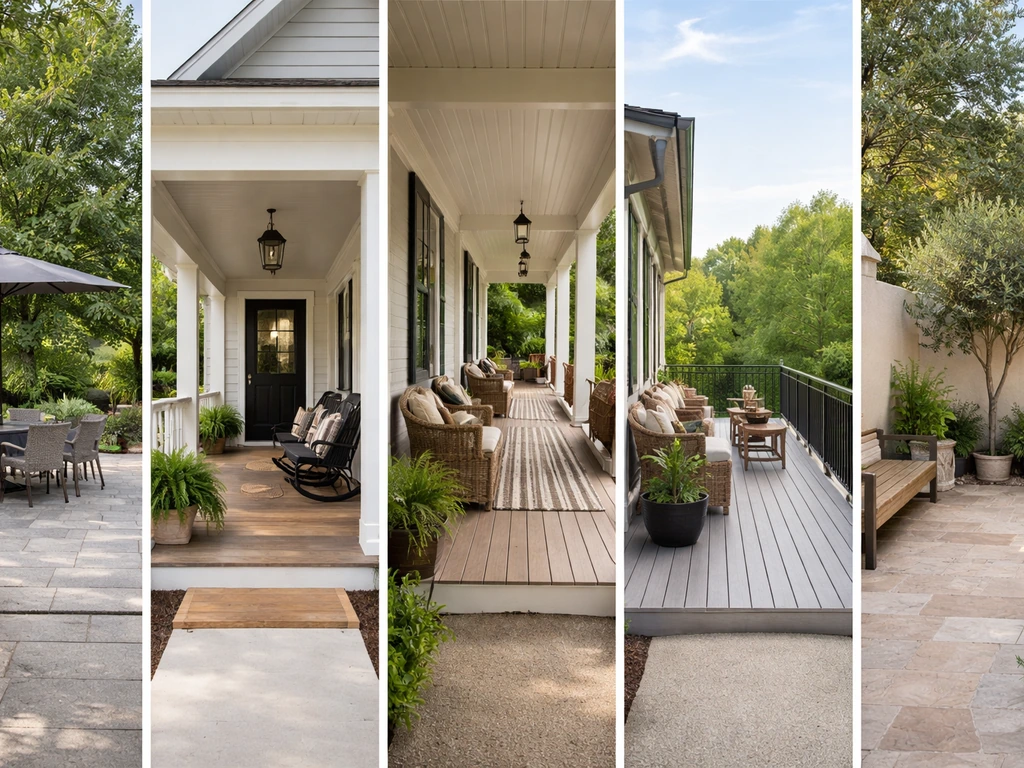 Side-by-side view of patio, porch, veranda, balcony, and courtyard in one home exterior scene.