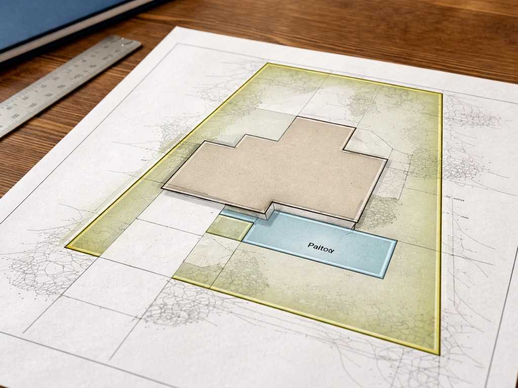 Close-up of a real estate site plan with lot boundaries and patio area marked in a simple overlay.
