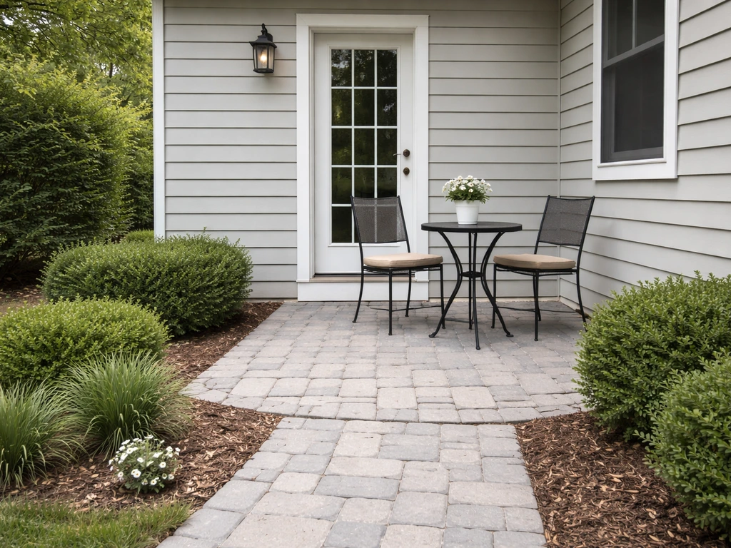 Paved patio beside a house exterior door with outdoor seating and simple landscaping.