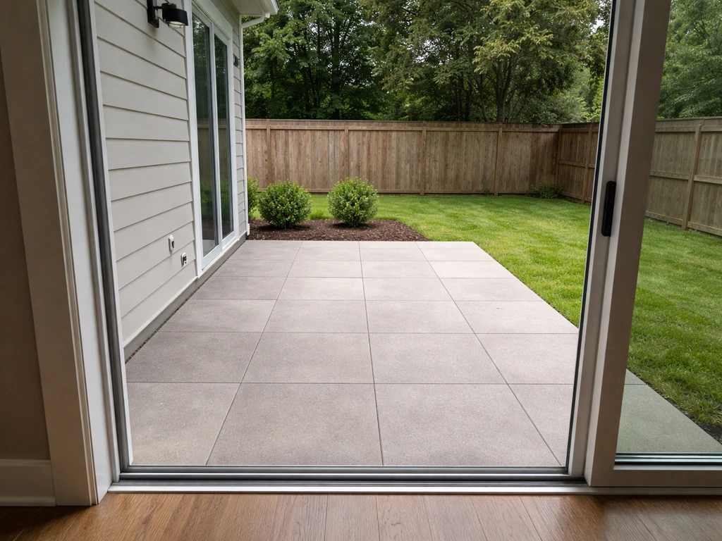 Back patio directly off a sliding glass door, showing the indoor-outdoor threshold and adjacent house wall.