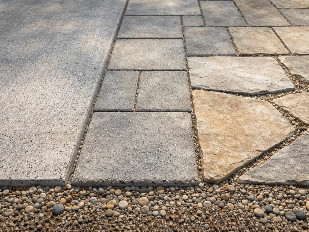Close-up of neighboring patio materials—concrete slab, pavers, and natural stone—with clear texture detail.