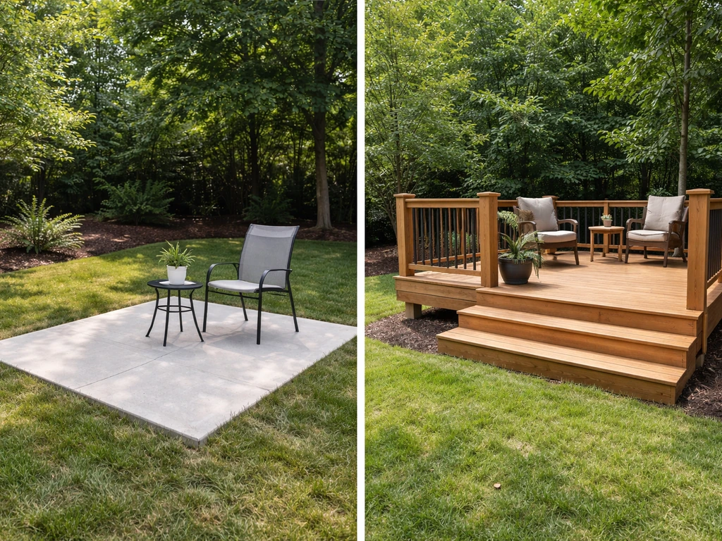 Backyard ground-level slab patio on one side and a raised deck terrace on the other, shown side-by-side.