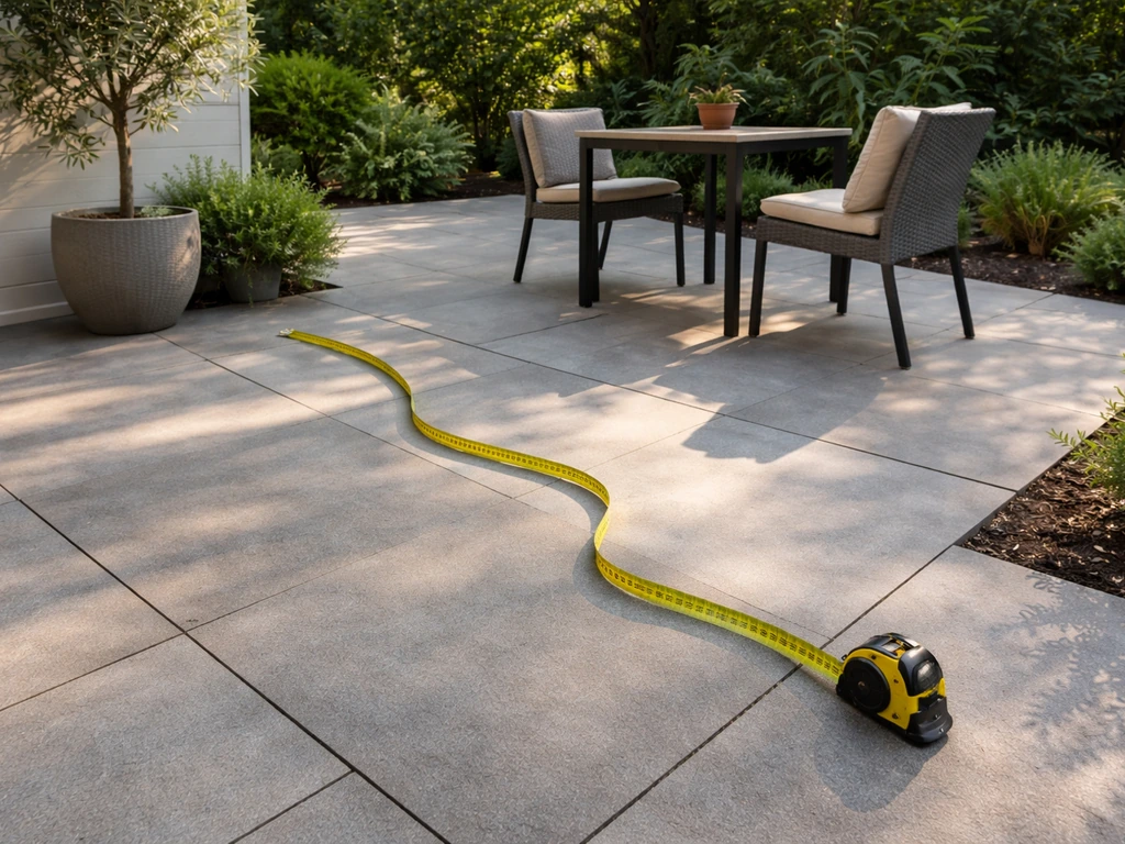 Outdoor patio viewed from above with a flexible measuring tape laid out and clear seating space planned