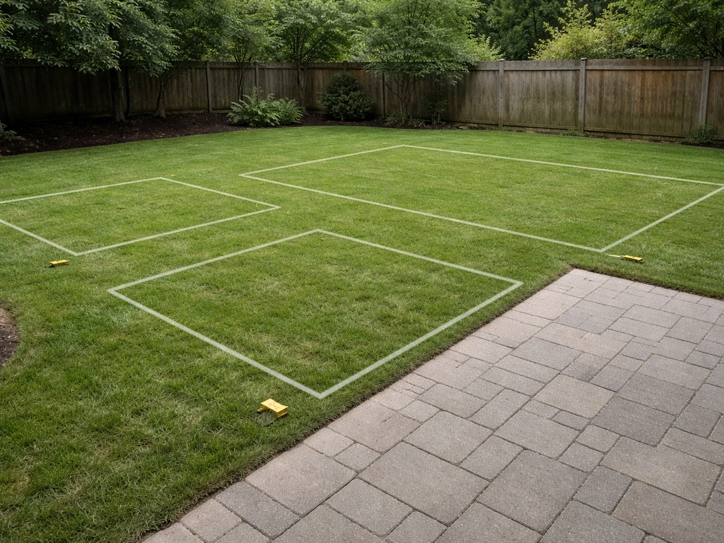 Backyard yard with chalk-outlined patio sizes (square and rectangles) mapped on grass, no text.
