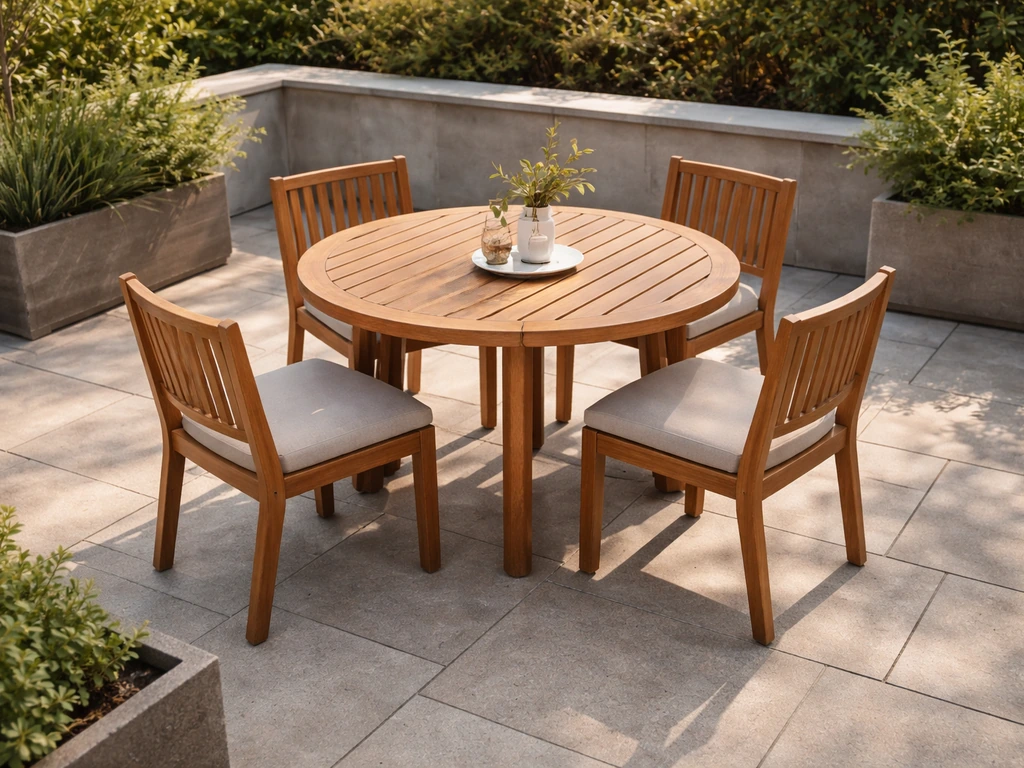 Angled view of a round patio dining table with four chairs, showing clear space around the table.