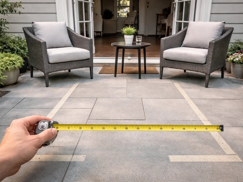 Patio walkthrough clearance check: tape measure near patio furniture and an open door threshold