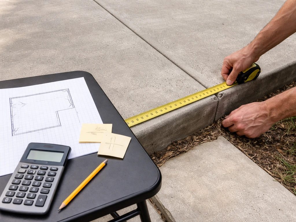 Person measuring a patio area with tape measure beside a simple hand-drawn sketch and calculator.