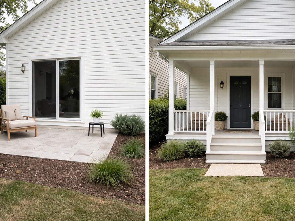 Side-by-side view: open ground patio vs covered porch with steps and roof.