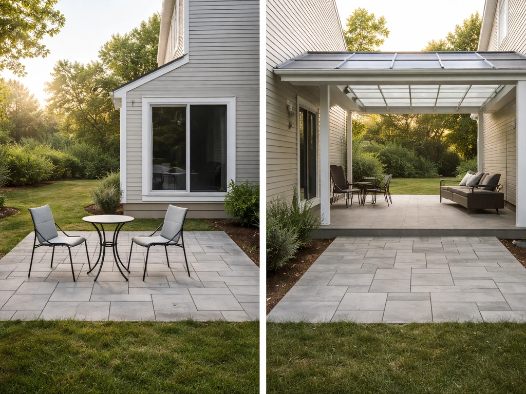 Minimal outdoor home view showing an open patio in foreground and a covered veranda along the house side.