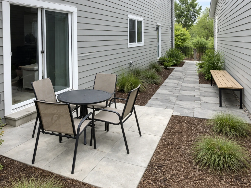 Back patio off a sliding door and a side patio paver walkway visible together outdoors.