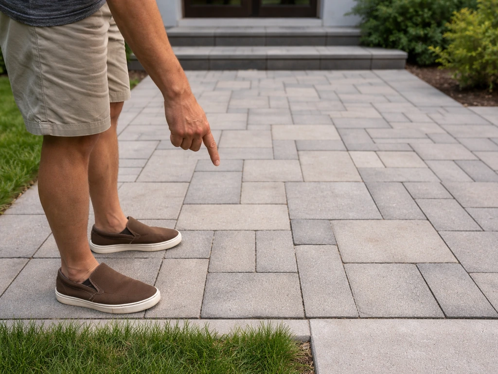 Anonymous person inspecting a residential patio with stone pavers at ground level during a home viewing.
