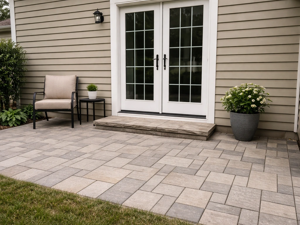 Home exterior with a paved patio at ground level connected to a doorway