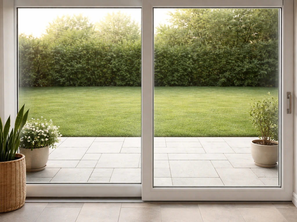 Light stone pavers on a level patio outside sliding doors, with lawn beside and no steps or railings.