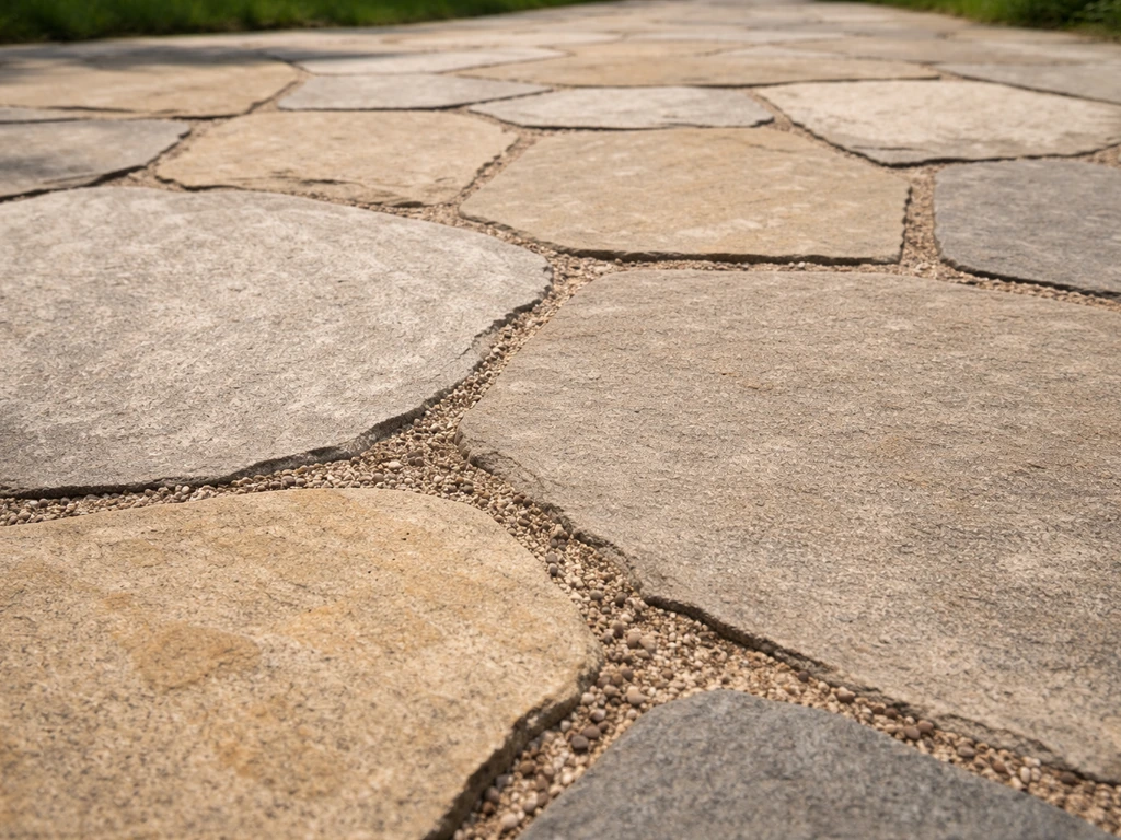 Close-up of an irregular flagstone patio with uneven edges and wider dry-laid joints.