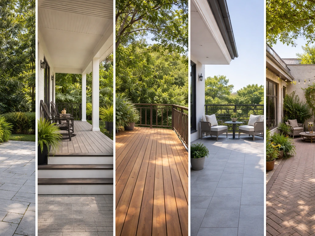 Split view of patio, porch, deck, balcony, and courtyard showing differences in level, railings, and overhead