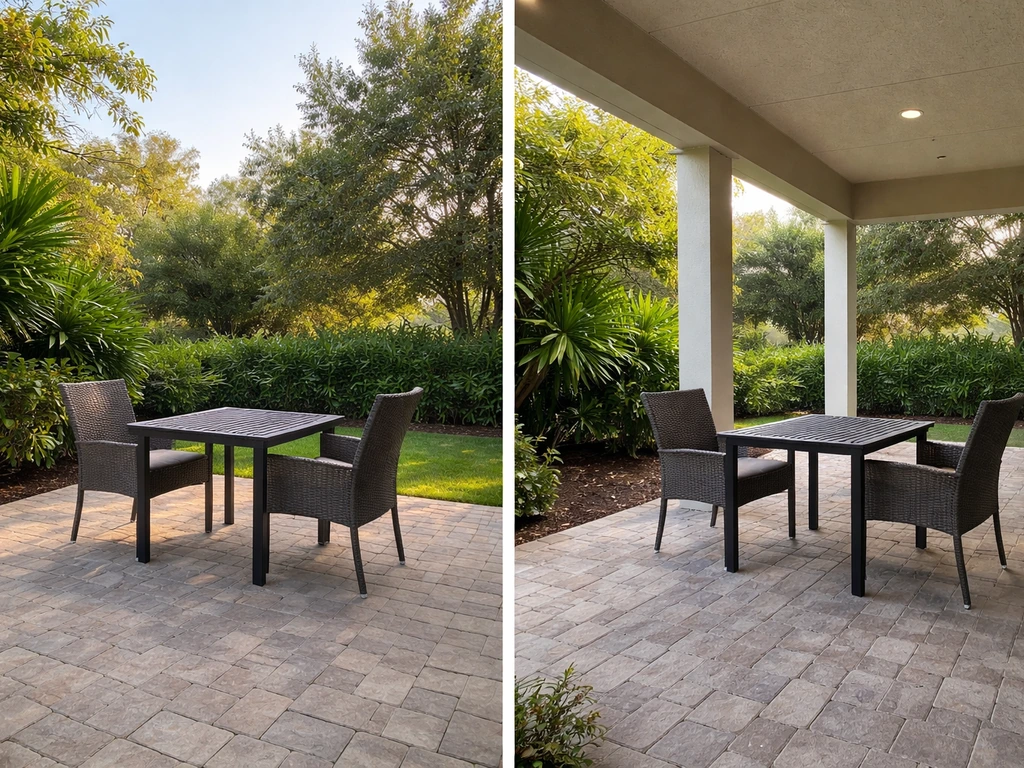 Side-by-side view: open patio on the left and a roofed lanai on the right, both with outdoor seating.