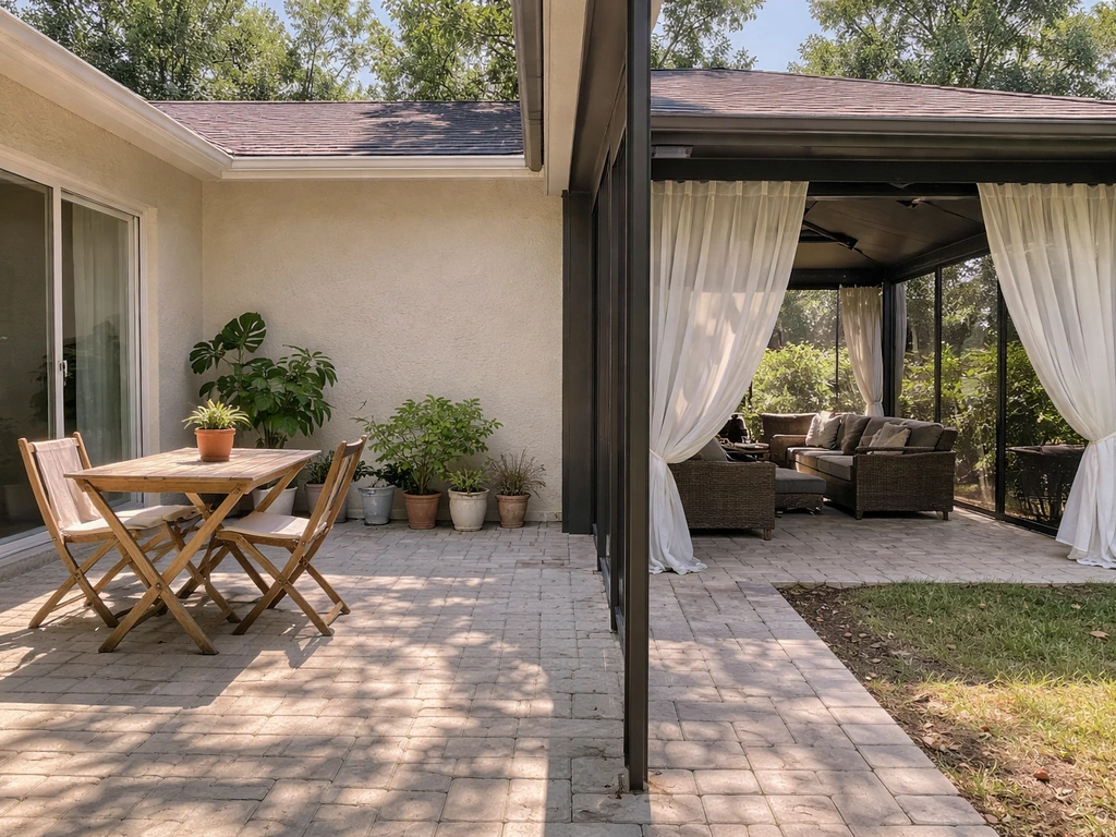 Split view of a sunny open patio versus a roofed, screened lanai with flowing curtains.