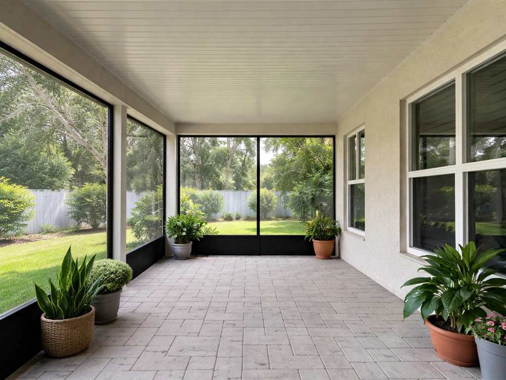 Covered residential patio showing roof overhead, screened sides, and clear attachment to the house.