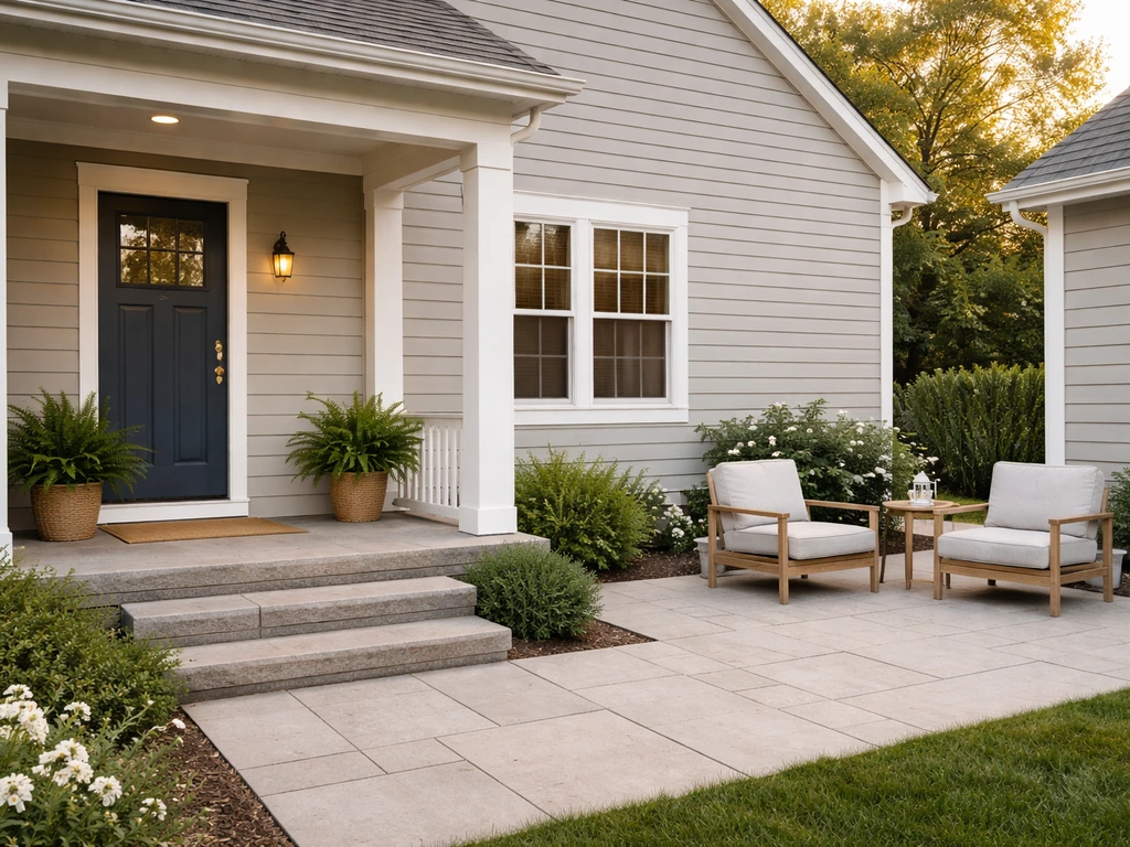Home exterior with a covered front porch and an adjacent open patio, clearly showing the difference.