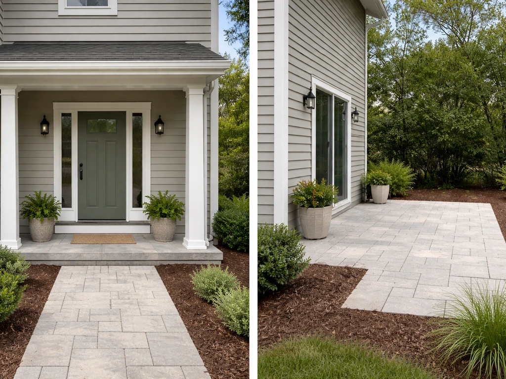 Home exterior showing a covered porch entrance with roof overhang and, beside it, an uncovered patio area.