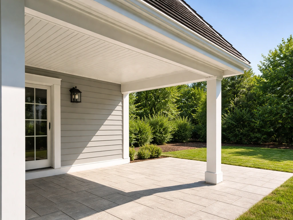House exterior with attached porch roof overhang beside an open-to-sky paved patio.