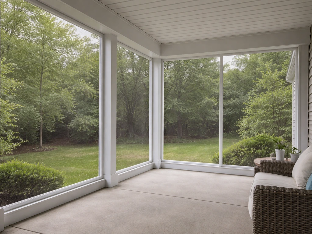 Covered screened porch with roof and clear window screens enclosing the sides of a patio
