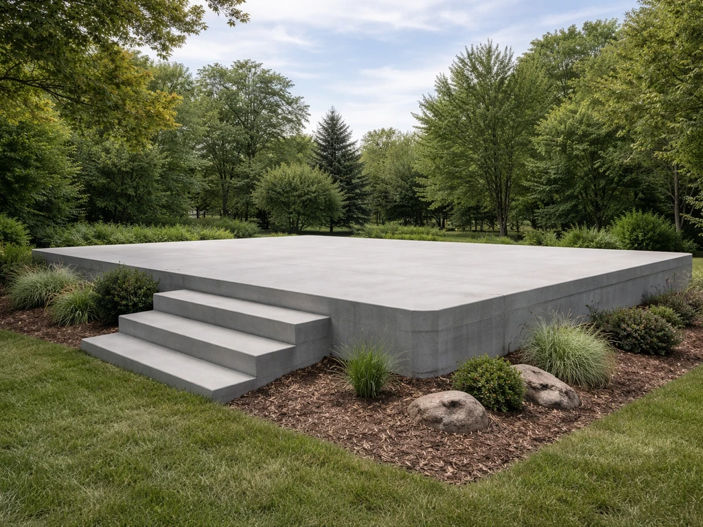 Raised paved elevated patio above grade with a few steps, open to the sky and surrounded by greenery