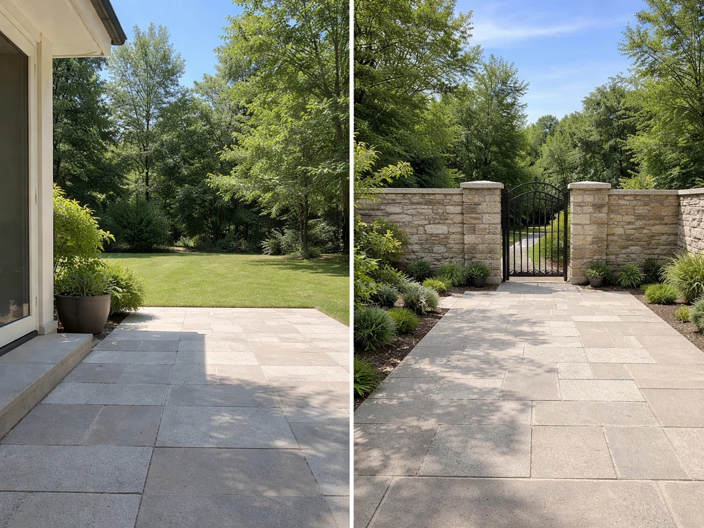Minimal split view of a house-edge patio and a walled courtyard, showing key layout differences.