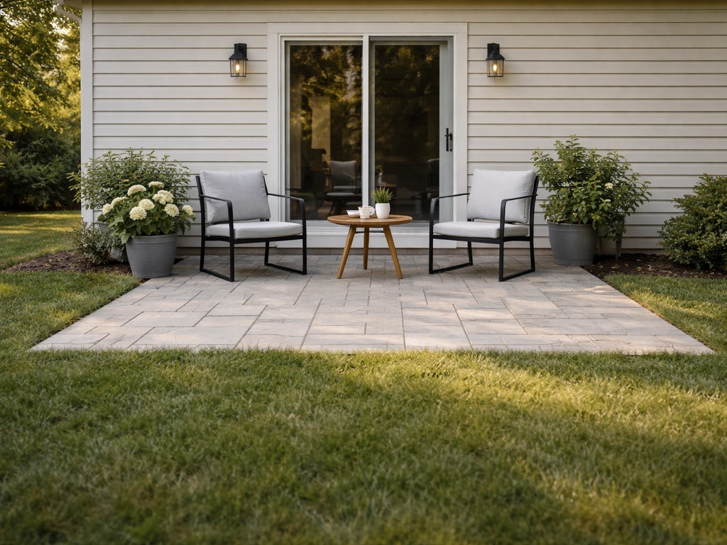 Stone patio connected to a house back door, with open lawn at the edge, no people.