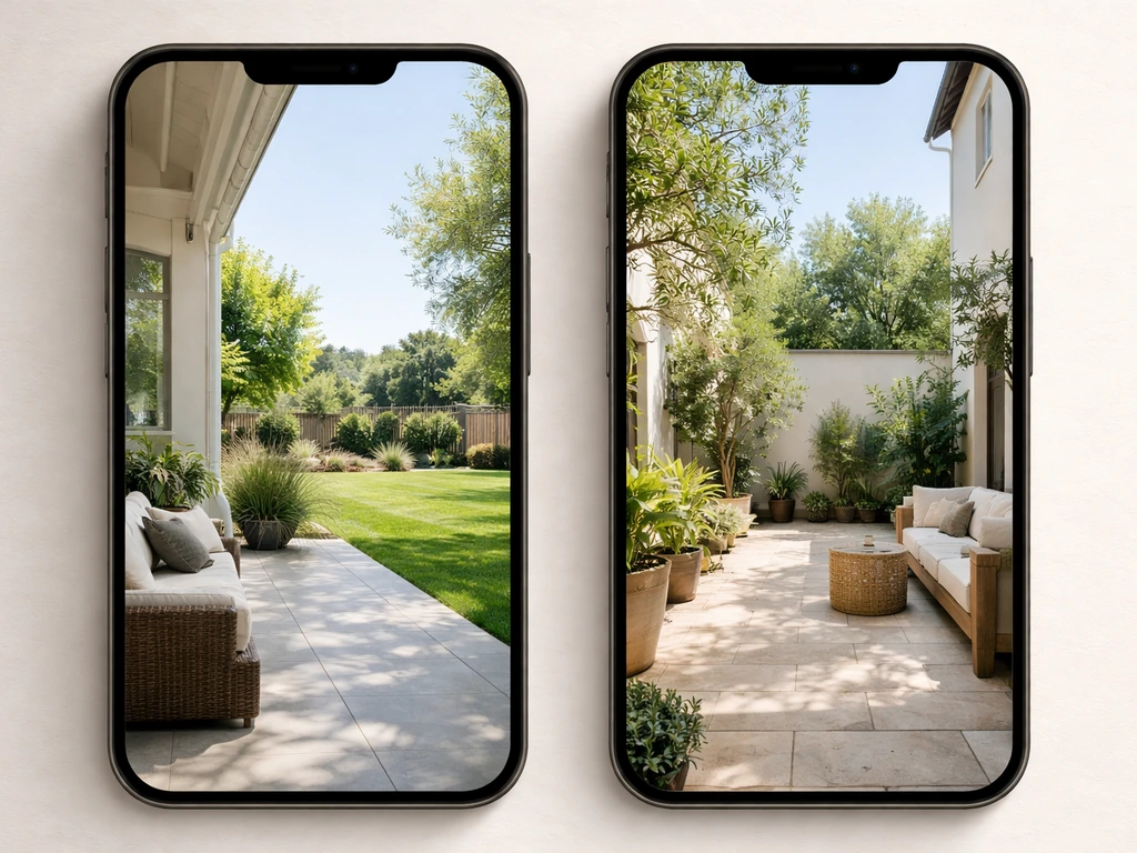 Minimal photo showing two side-by-side housing-edge clues: patio yard open on one side, enclosed courtyard perimeter on