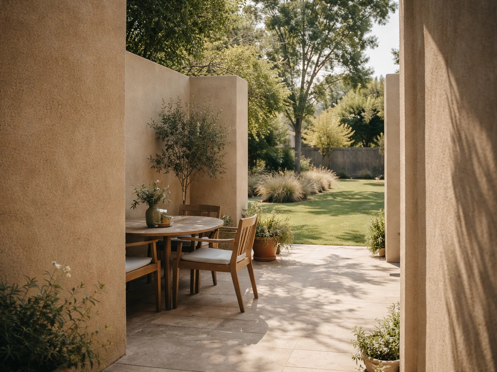 Minimal courtyard patio with tall surrounding walls for privacy beside a view toward an open yard.