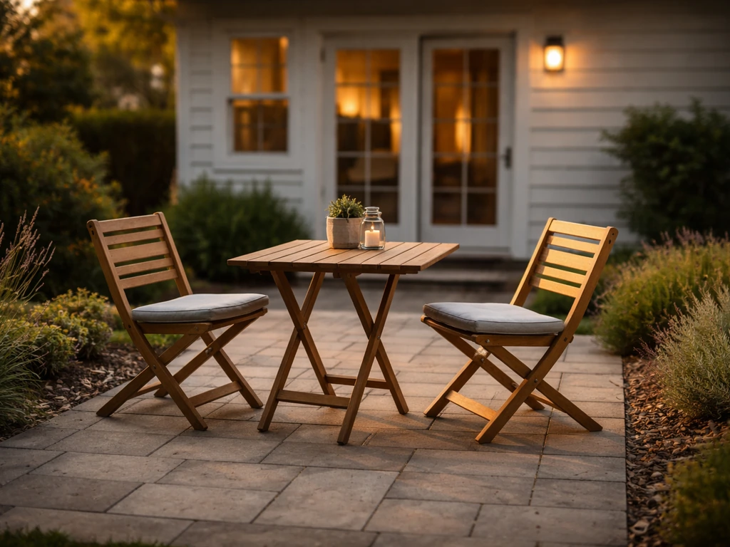 Residential outdoor patio with paved surface, patio furniture, and house exterior in the background.